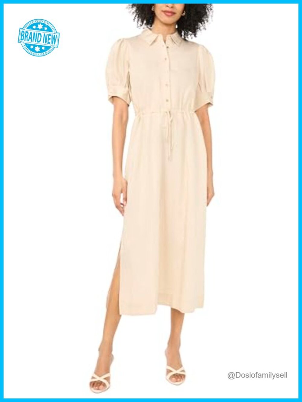 Midi Shirt Dress Drawcord Waist Button Front Square Neck